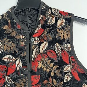 Vtg Reversible Floral Tapestry Vest Women's Lg Black Red Gold Button Front *READ